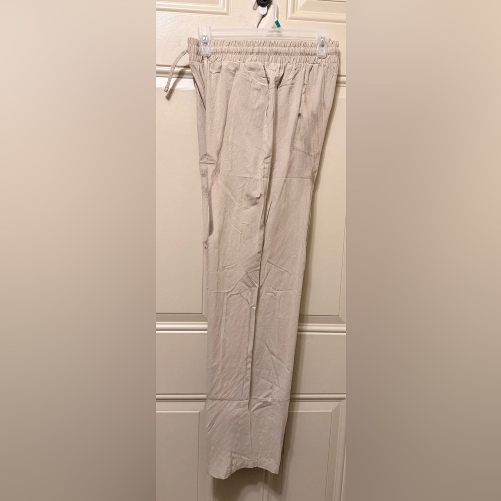 Cotton Crinkle Texture Pull On Pants Elastic Plus Drawstring Waist Beige Medium